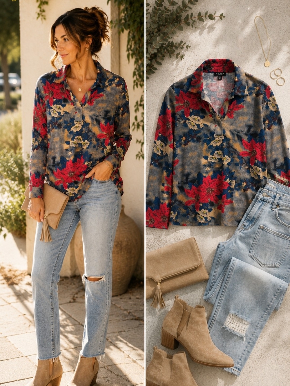 Grace Floral Collared Blouse Gray Blue Red V-Neck Stretch Top M Feminine Cottage